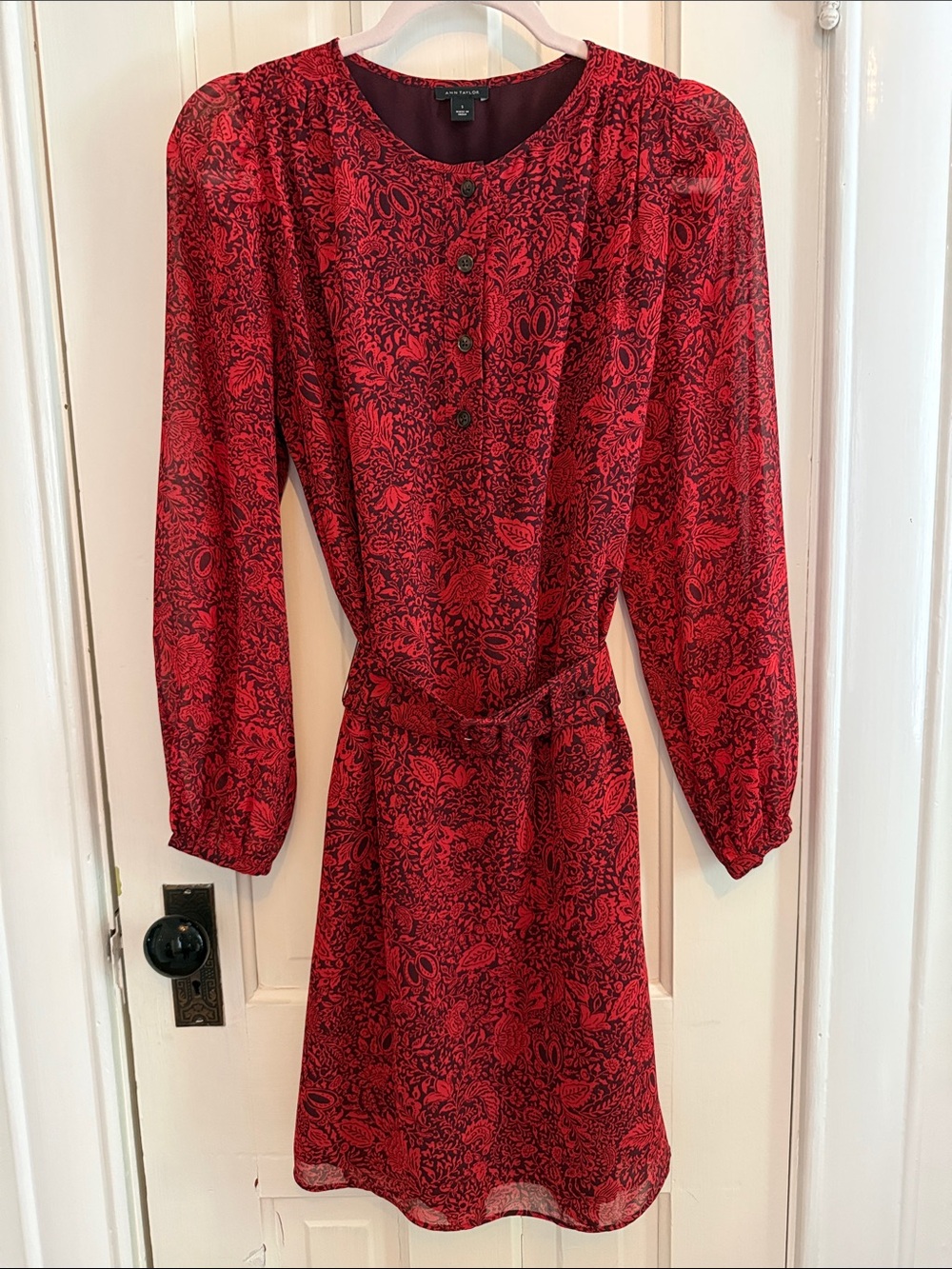 Ann Taylor Red and Black Floral Long-Sleeve Dress